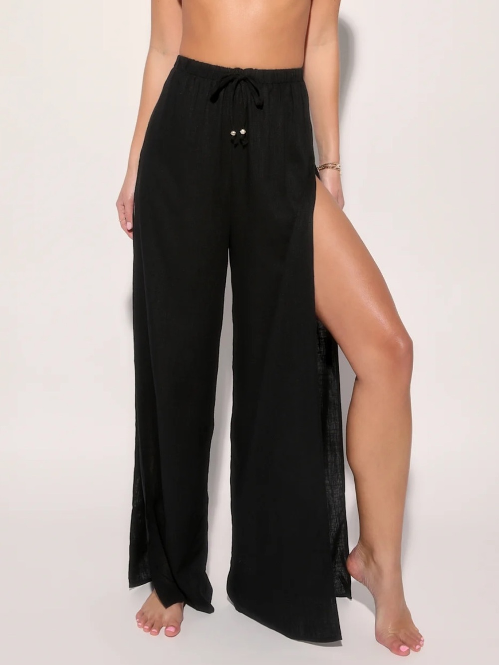 Lulus Women S Beach Linen Blend Seaside Sweetie Black Swim Cover-Up Pants